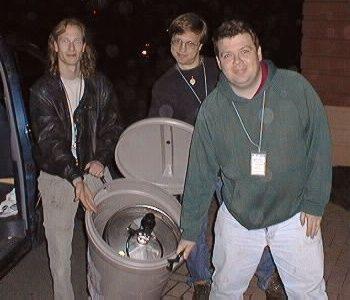 Sneaking the keg of "laserist coolant" into the hotel